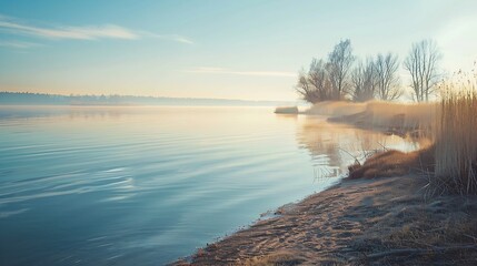 calm lake shore with morning glow : Generative AI