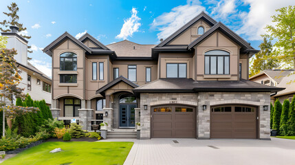 Captivating exterior of a newly built luxury home, featuring a large brown house with a modern garage, located in a quiet and picturesque neighborhood in the suburbs of Canada.