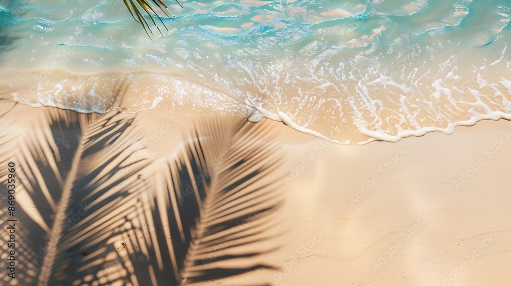 Poster empty abstract sand beach with palm leaf shadow and transparent water wave from above blank background banner for travel vacation and wellbeing with copy space : Generative AI