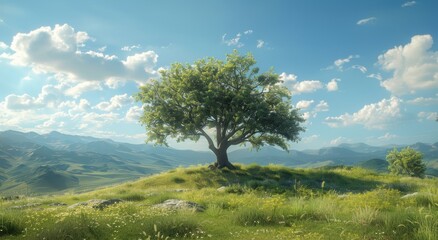 Fototapeta premium Lonely Tree on a Rolling Green Hilltop Under a Sunny Sky