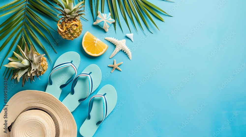 Poster Top view composition of flip flops placed with beach accessories top view on table background Tropical summer vacation concept Flat lay : Generative AI