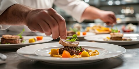 A chef skillfully plating a gourmet dish with vibrant vegetables and garnishes in a professional kitchen environment, capturing the art of fine dining preparation.