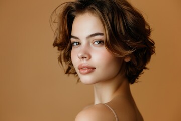 Portrait of a beautiful brown-haired woman with a short haircut on a brown background