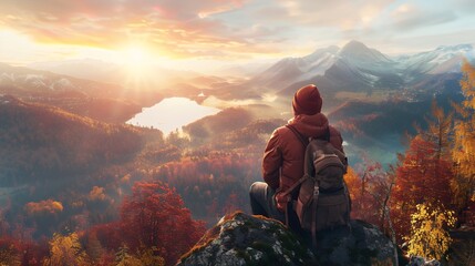 Fototapeta premium Young man with backpack sitting on the top of mountain and enjoying sunset over valley in autumn, wide angle view. Traveler hiking to high place for panoramic landscape view. wardrobe in style photore