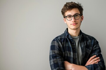 Fototapeta premium Portrait of a handsome young man in glasses with his arms crossed looking at the camera