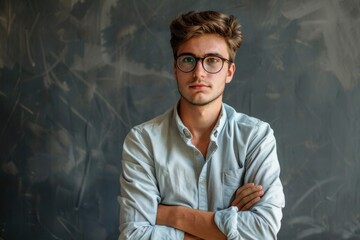 Portrait of a handsome young man in glasses with his arms crossed looking at the camera