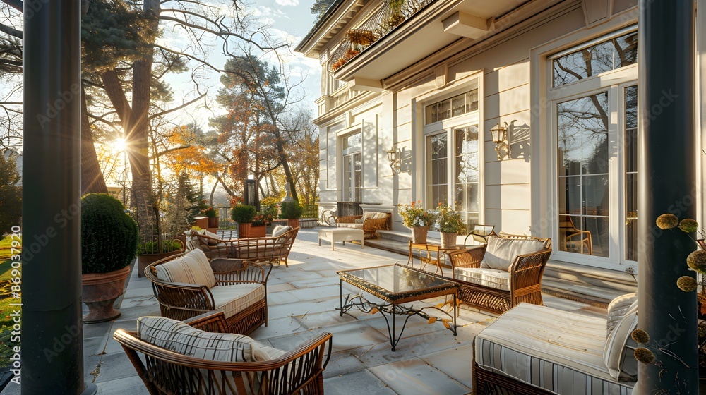 Wall mural terrace of the house with panoramic windows picture