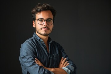 Fototapeta premium Portrait of a handsome young man in glasses with his arms crossed looking at the camera