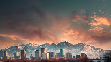 Skyline of Salt Lake City downtown in Utah with Wasatch Range Mountains in the background : Generative AI