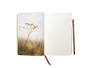 a notebook with a pen and a flower field