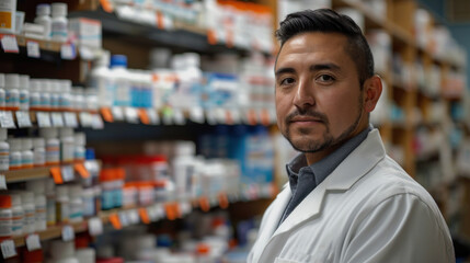 Fototapeta premium A man in a white lab coat stands in front of a pharmacy shelf
