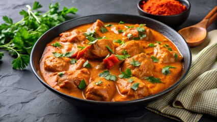 Aromatic Indian dish butter chicken, succulent meat smothered in rich, creamy masala sauce, served in a black bowl on dark slate.