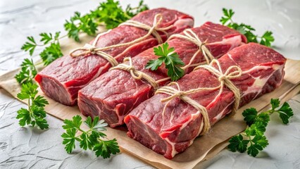 Fototapeta premium Freshly wrapped raw beef striploin steaks sit neatly arranged on a clean white surface, garnished with parsley and twine.