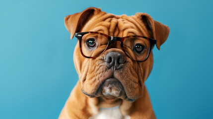 Obraz premium A Cute Dog with Glasses in the Studio Spotlight,Photo of a Bulldog dog usiCute bulldog, puppy dog wearing color shades sunglass eyeglass isolated on retro bng eyeglasses isolated on white background 