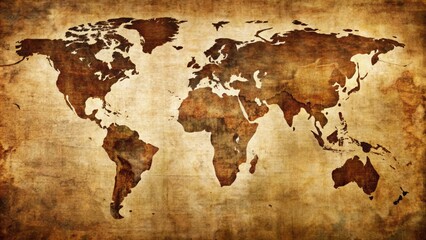 Fototapeta premium Antique-inspired, high-contrast, worn-look political world map featuring vintage earth tones and ornate typography on a distressed background.
