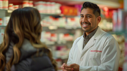 Fototapeta premium A man in a white lab coat is talking to a woman in a store. The man is smiling and the woman is smiling back