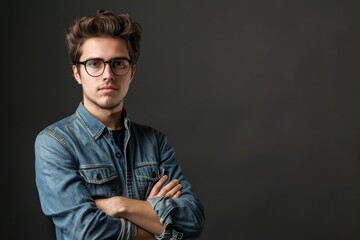 Portrait of a handsome young man in glasses with his arms crossed looking at the camera