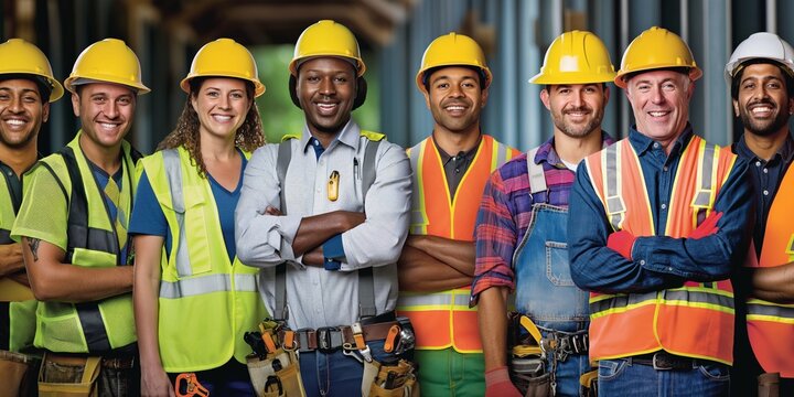 A group of construction workers is seen all smiling and wearing appropriate safety gear, showcasing teamwork and vibrancy in a well-lit construction environment.