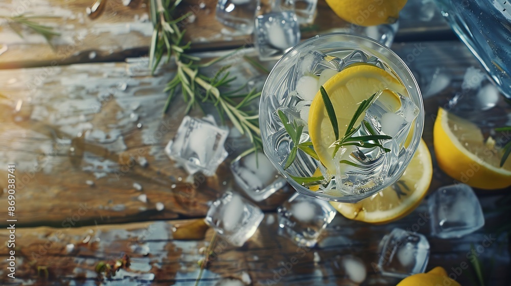 Poster Cocktail gin tonic with ice lemon and rosemary on a old wooden table Gin is poured from a bottle into a glass with ice and lemon slices Copy space : Generative AI