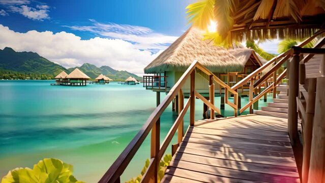 tropical beach with water bungalows and coconut palm tree at summer, Overwater bungalows with steps into the green lagoon