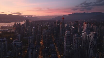 Obraz premium Beautiful aerial view of downtown Vancouver skyline British Columbia Canada at sunset : Generative AI