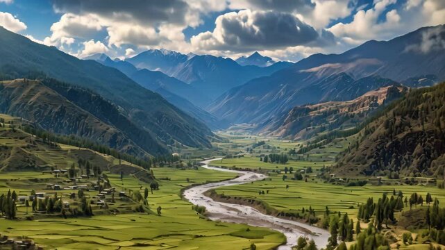 View of the valley and the river in the Himalayas, Panorama top view of Paro Valley landscape, Bhutan