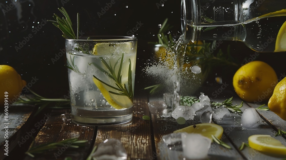 Poster Cocktail gin tonic with ice lemon and rosemary on a old wooden table Gin is poured from a bottle into a glass with ice and lemon slices Copy space : Generative AI