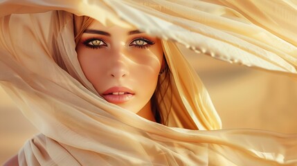 Beautiful Woman wrapped in Beige Silk Scarf Beauty Girl Face with Smooth Skin and Natural Makeup Women Hair Sun Care Headwear Scarves over Desert Sand background : Generative AI