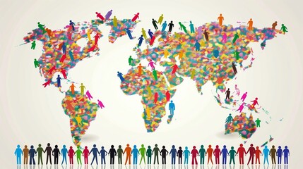 Obraz premium Diverse Human Silhouettes Beneath a Bright People-Shaped World Map Representing Global Population Growth and International Community Unity