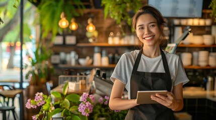 Happy young entrepreneur embraces technology in a vibrant caf holding a digital tablet in hand Female cafe owner stands confidently in her successful small business : Generative AI