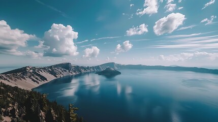 Obraz premium Panoramic view of Crater Lake the main feature of Crater Lake National Park the lake partly fills a caldera formed by the collapse of the volcano Mt Mazama southcentral Oregon western : Generative AI