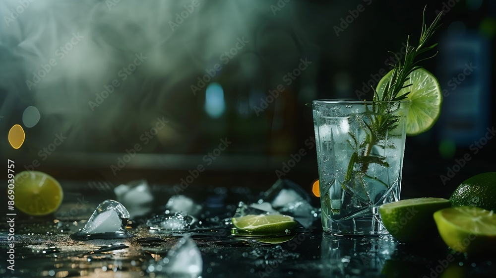 Poster gin tonic and rosemary cocktail drink with lime juice sugar syrup soda and ice black bar counter bac