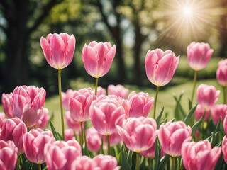 Obraz premium Pink Tulips in a Sunny Garden