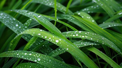 A lush green field with droplets of water on the leaves