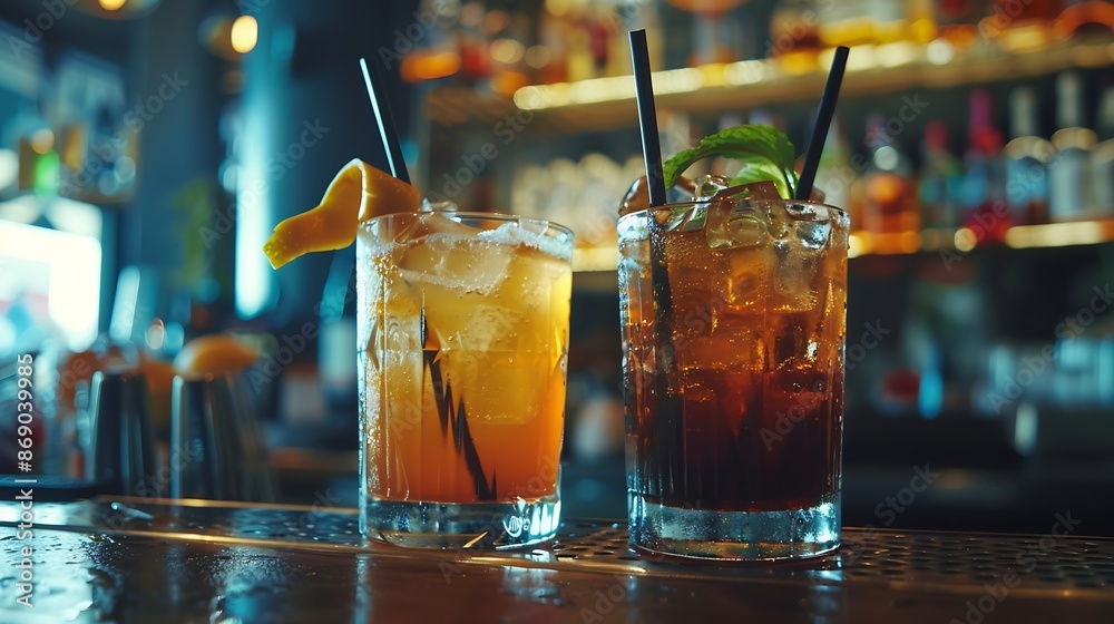 Poster cocktail drinks served in glasses with drinking straws on top counter bar : generative ai