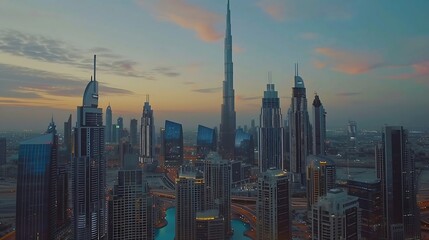 Obraz premium Aerial view of tallest towers in Dubai Downtown skyline night to day transition before sunrise Financial district and business area in smart urban city with Moon Skyscraper and highris : Generative AI