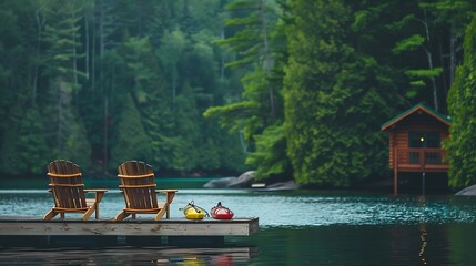 Two Adirondack chairs on a wooden dock face the serene blue waters of a Muskokas lake Canoe paddles and life jackets rest nearby while a cozy cottage peeks through lush green trees acr : Generative AI