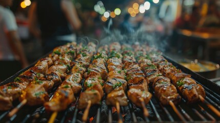Close-up of grilled chicken skewers being cooked on a smoky grill, seasoned and sizzling with delicious aroma in a vibrant night market.