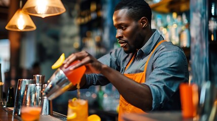 AfricanAmerican bartender preparing cocktails at the bar at an afrobeats event Nightlife partying and bartending Style : Generative AI