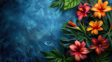 A composition of vibrant tropical flowers and lush green leaves against a textured blue background, creating a striking visual.