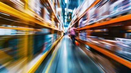 A blurred image of a warehouse aisle in motion, highlighting the dynamic and fast-paced environment of industrial work.