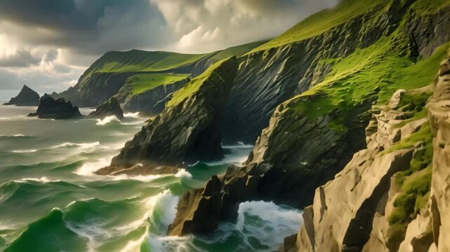 Spectacular View of a Vast Water Body Adjacent to a Flourishing Green, Ring of Dingle Peninsula Kerry Ireland Dunquin Pier Harbor Rock Stone Cliff Landscape Seascape