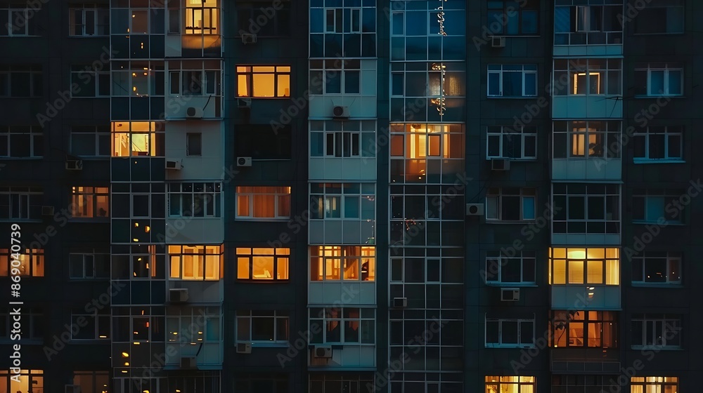 Poster windows in highrise office building in the late evening with glowing and blinking interior lights ti