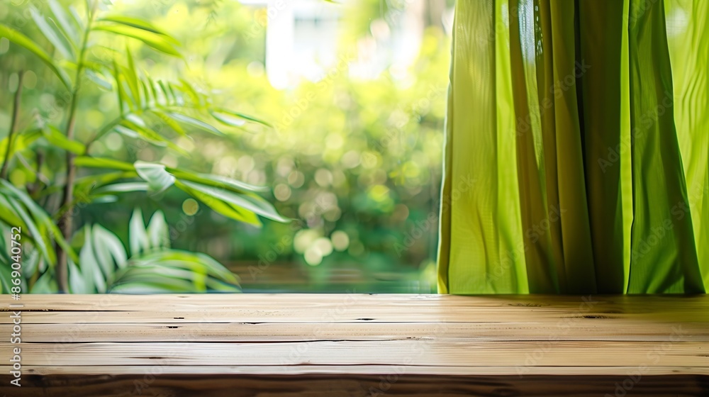 Poster Empty wood table top with green garden window curtain abstract blur background for product display blurred window background with table for decoration display montage advertising produ : Generative AI