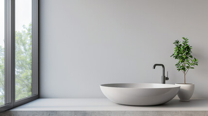 Modern sink next to a window of a bathroom in a luxury property. Minimalist luxury interiors composition.