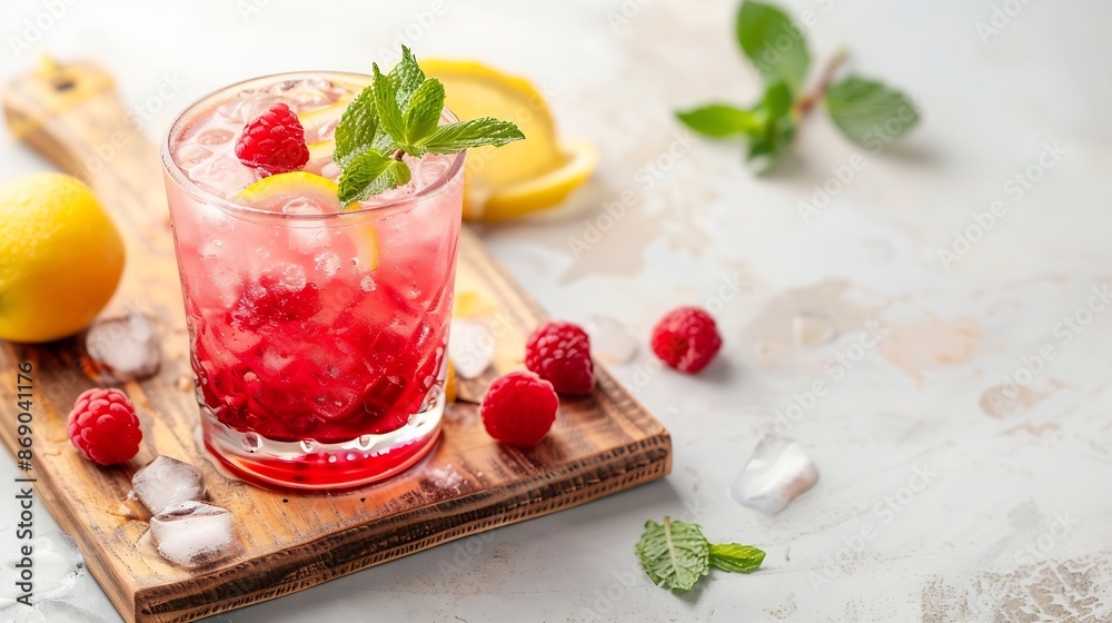 Poster raspberry cocktail with ice in a glass on a wooden cutting board a refreshing berry drink with mint 