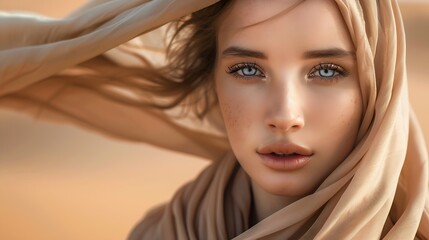 Beautiful Woman wrapped in Beige Silk Scarf Beauty Girl Face with Smooth Skin and Natural Makeup Women Hair Sun Care Headwear Scarves over Desert Sand background : Generative AI