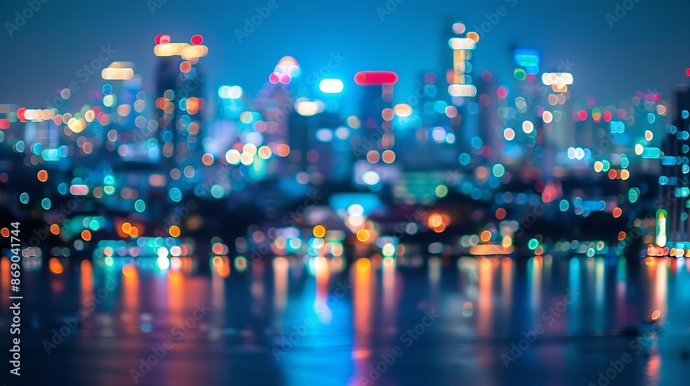 Poster Abstract blurred background cityscape of Krung Thep Maha Nakhon Bangkok on night scene with multicolour bokeh from neon light on building : Generative AI