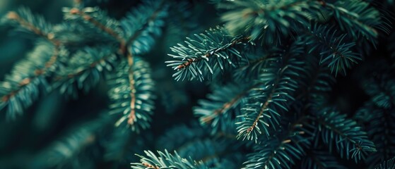 Green fir tree brunch close up beautiful Christmas background with copy space trendy moody dark toned design