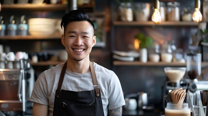 Portrait Barista small business Owner Asian barista man coffee shop owner smiling look at camera small business confident person Entrepreneur manager professional men standing coffee c : Generative AI